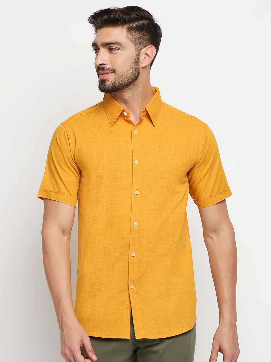 

MOD ECRU Men Yellow Cotton Straight Slim Fit Casual Shirt