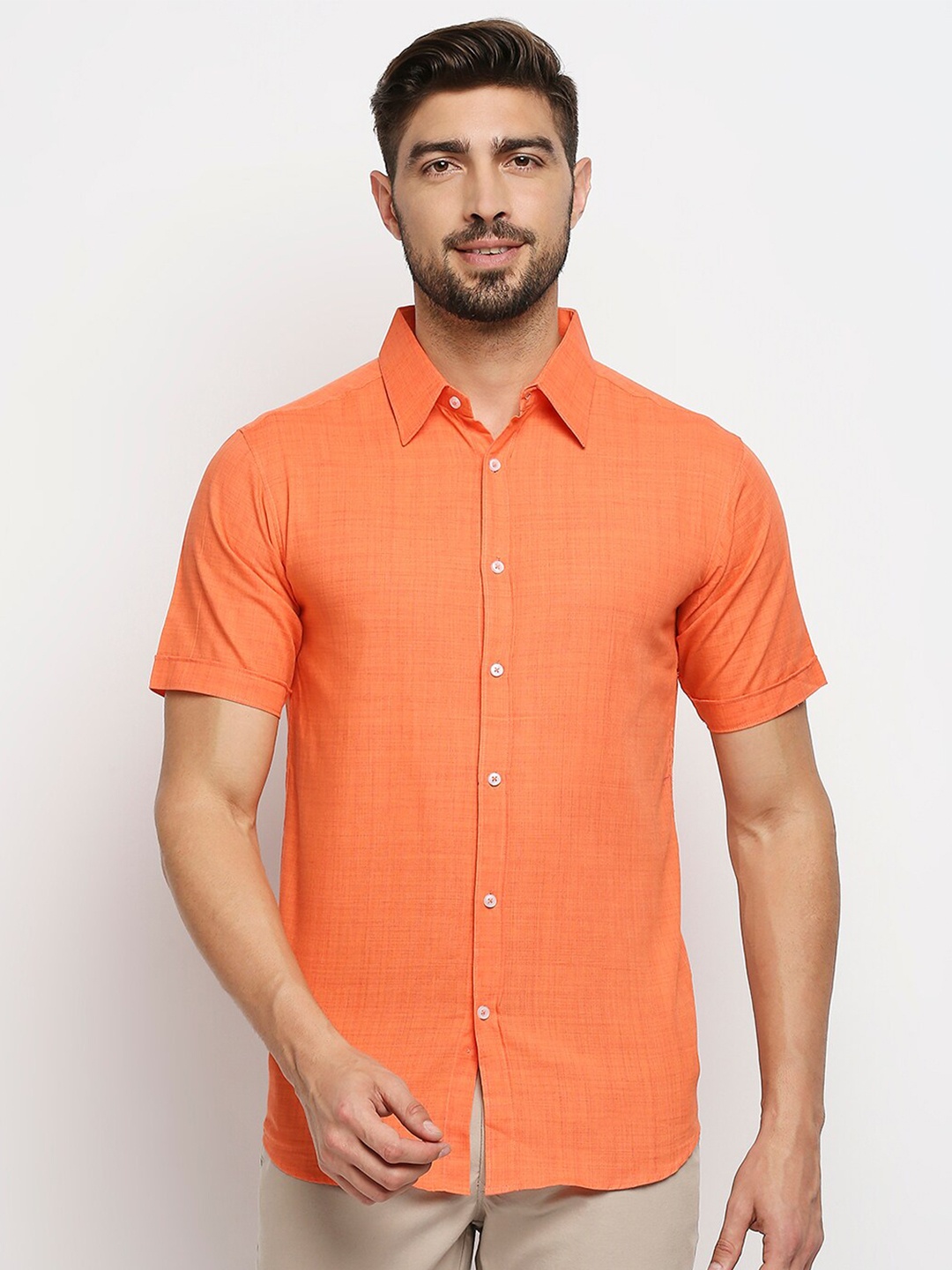 

MOD ECRU Men Orange Straight Slim Fit Pure Cotton Casual Shirt