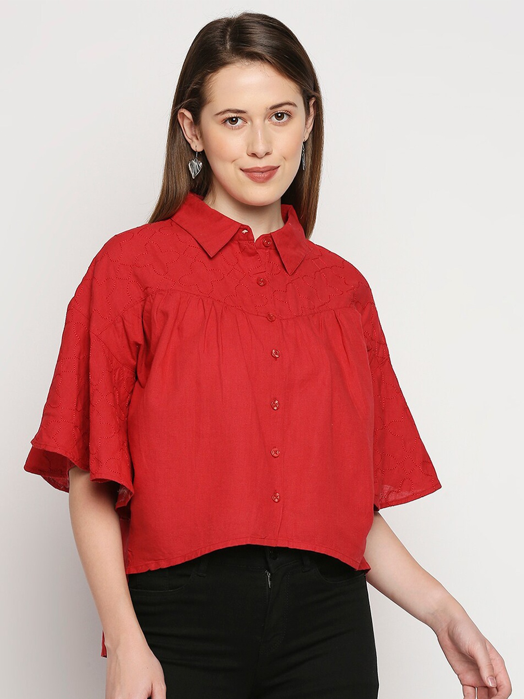 

MOD ECRU Women Red Embroidered Cotton Contemporary Slim Fit Casual Shirt