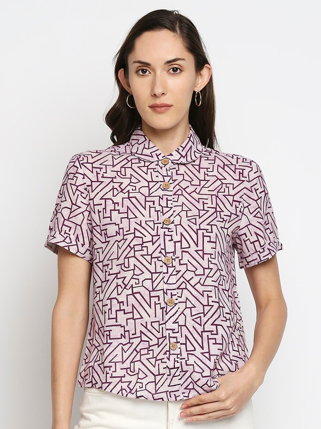 

MOD ECRU Women Purple Printed Linen Classic Casual Shirt