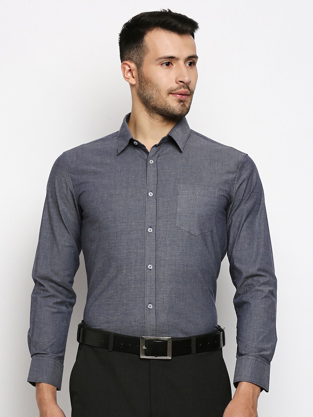 

MOD ECRU Men Navy Blue Cotton Straight Slim Fit Formal Shirt