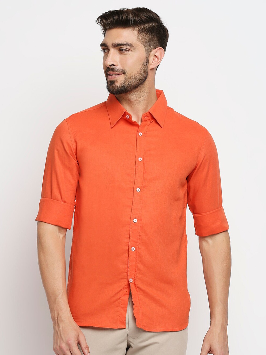 MOD ECRU Men Orange Straight Slim Fit Pure Linen Casual Shirt