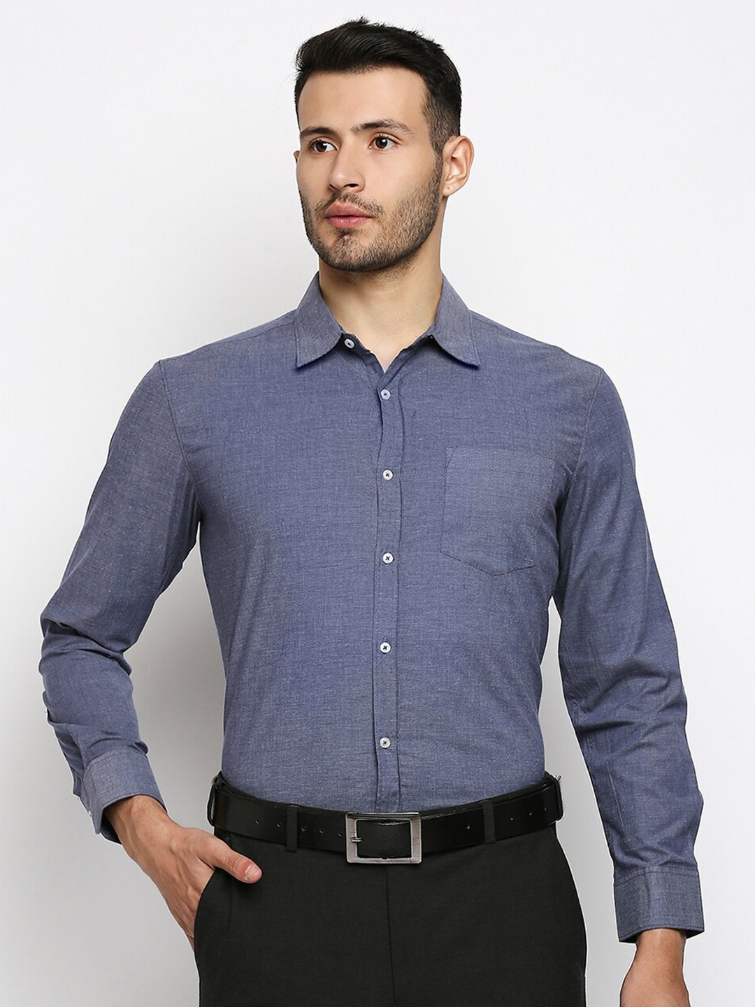 

MOD ECRU Men Navy Blue Straight Slim Fit Pure Cotton Formal Shirt