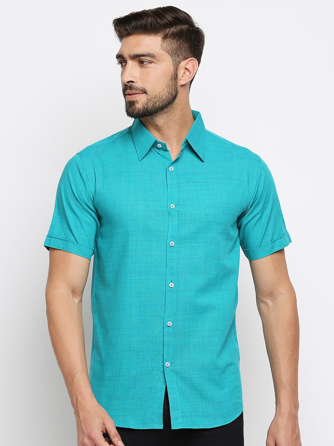 

MOD ECRU Men Turquoise Blue Straight Slim Fit Pure Cotton Casual Shirt