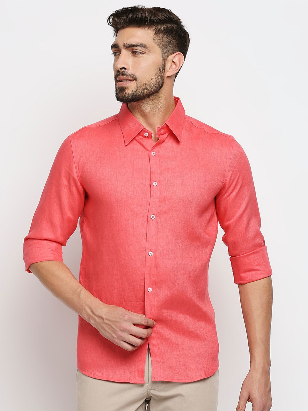 

MOD ECRU Men Pink Straight Slim Fit Pure Linen Casual Shirt