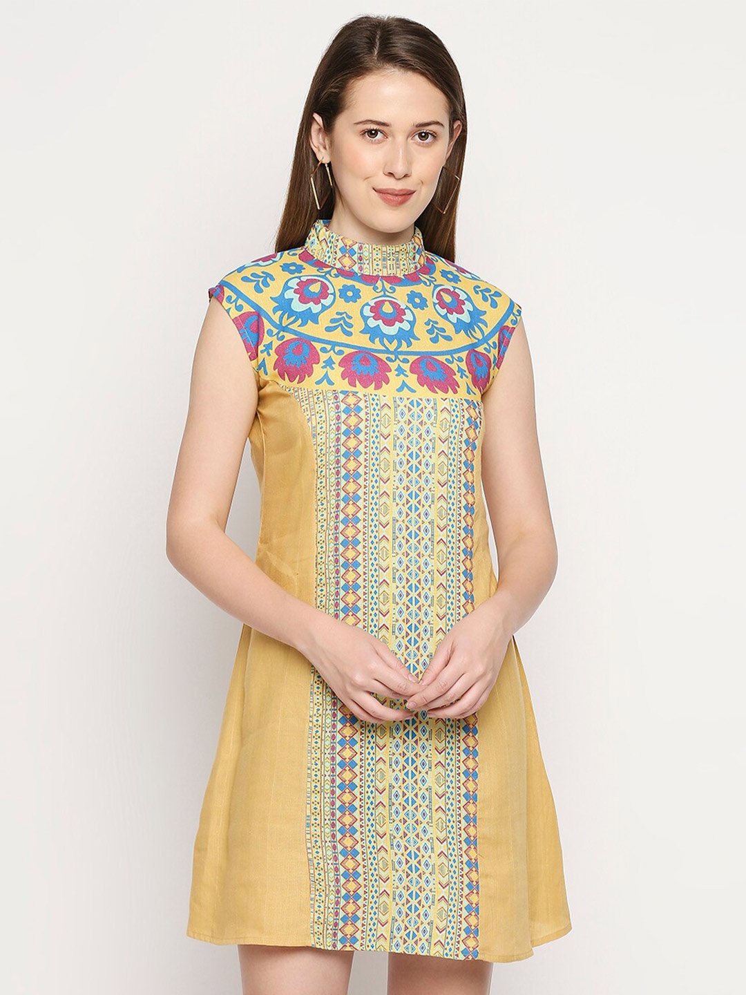 

MOD ECRU Khaki Ethnic Motifs Linen A-Line Dress