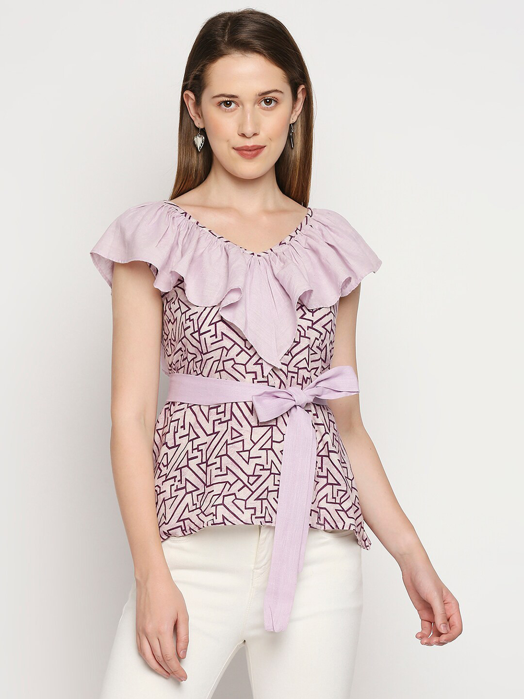 

MOD ECRU Purple Print Ruffles Linen Top