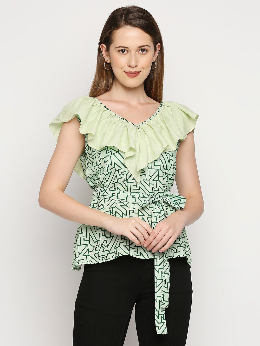 

MOD ECRU Women Green Printed Ruffles Linen Cinched Waist Top