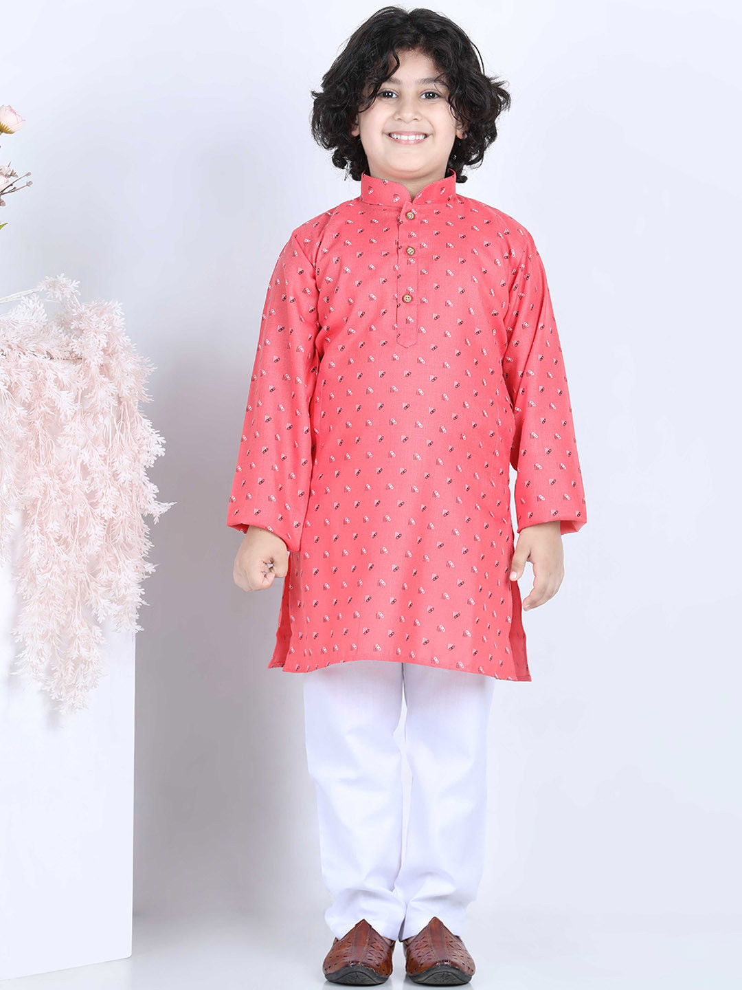 

Kidling Boys Peach-Coloured Printed Kurta with Pyjama