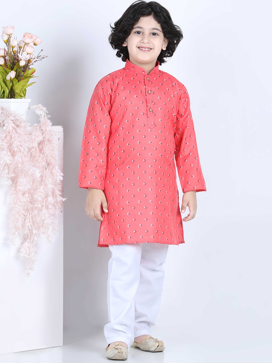 

Kidling Boys Peach-Coloured Printed Kurta with Pyjamas