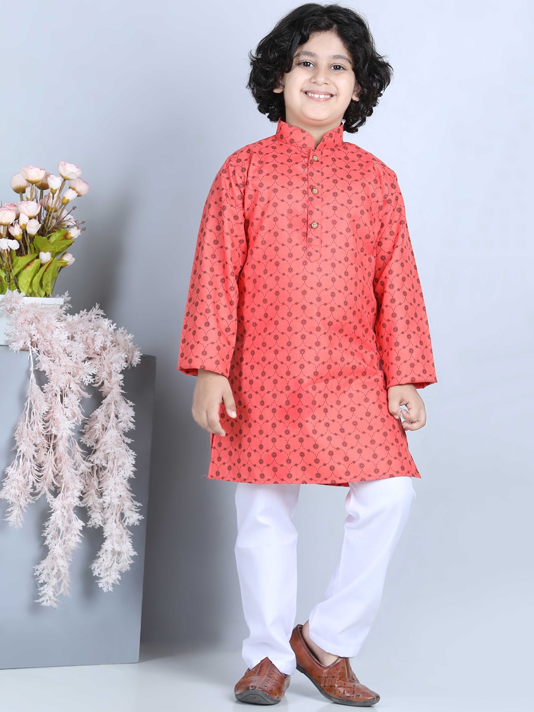 

Kidling Boys Peach-Coloured Floral Printed Kurta with Trousers