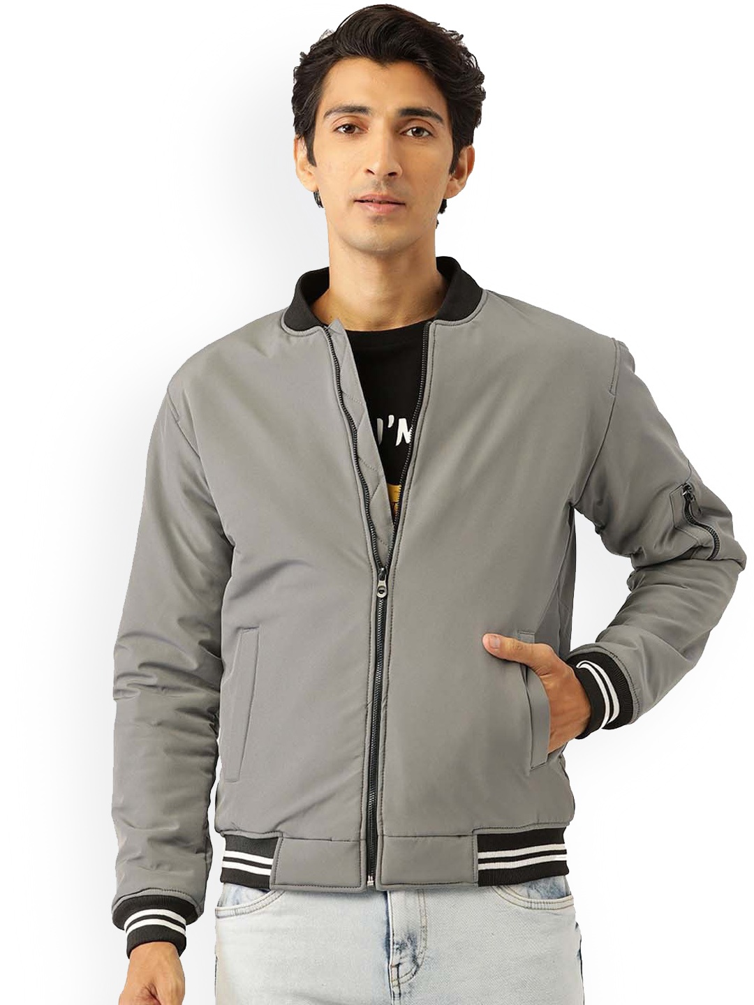 

Leather Retail Men Grey & Black Colourblocked Bomber Jacket
