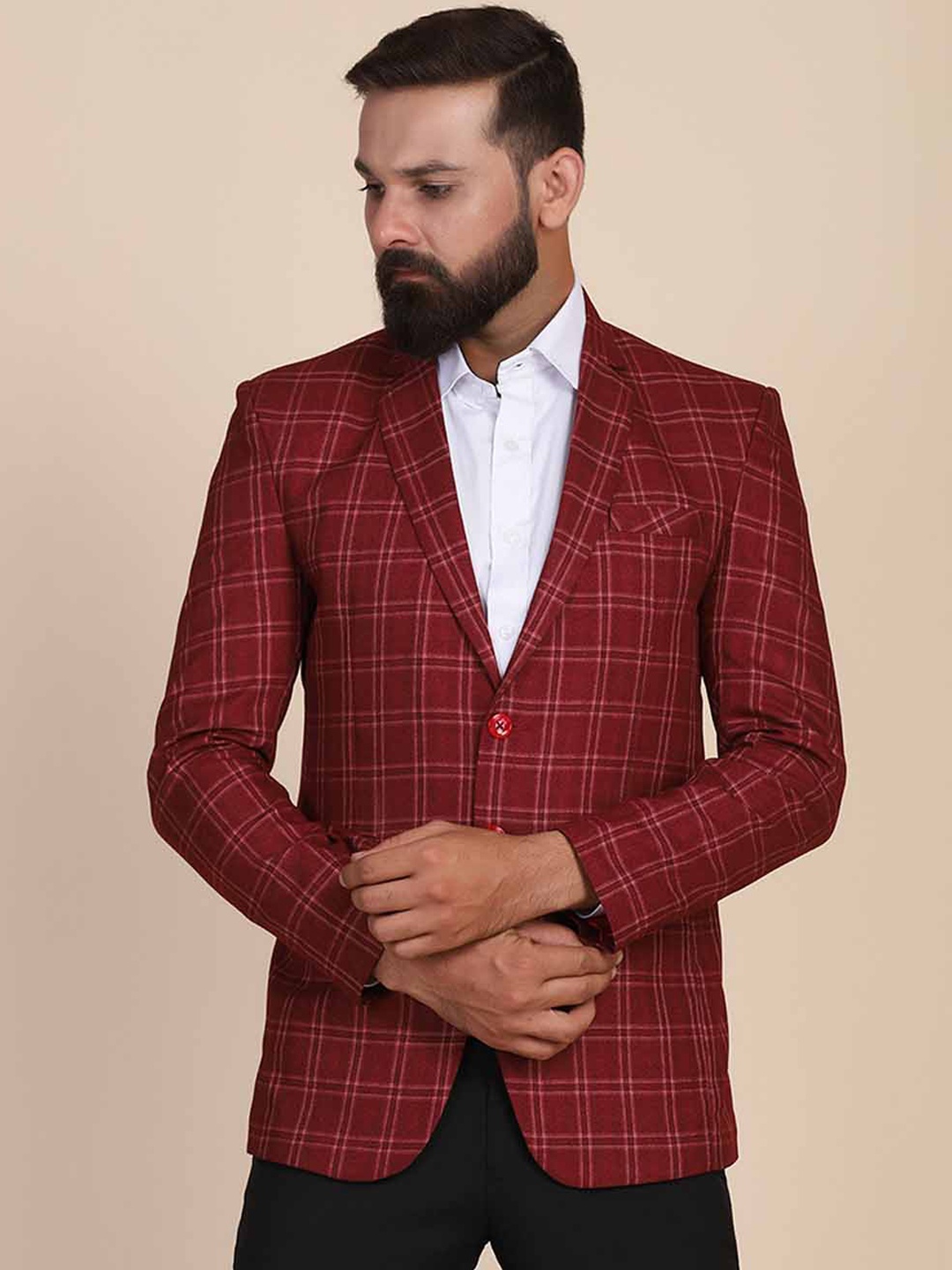 TAHVO Men Maroon Checked Slim Fit Single Breasted Blazer