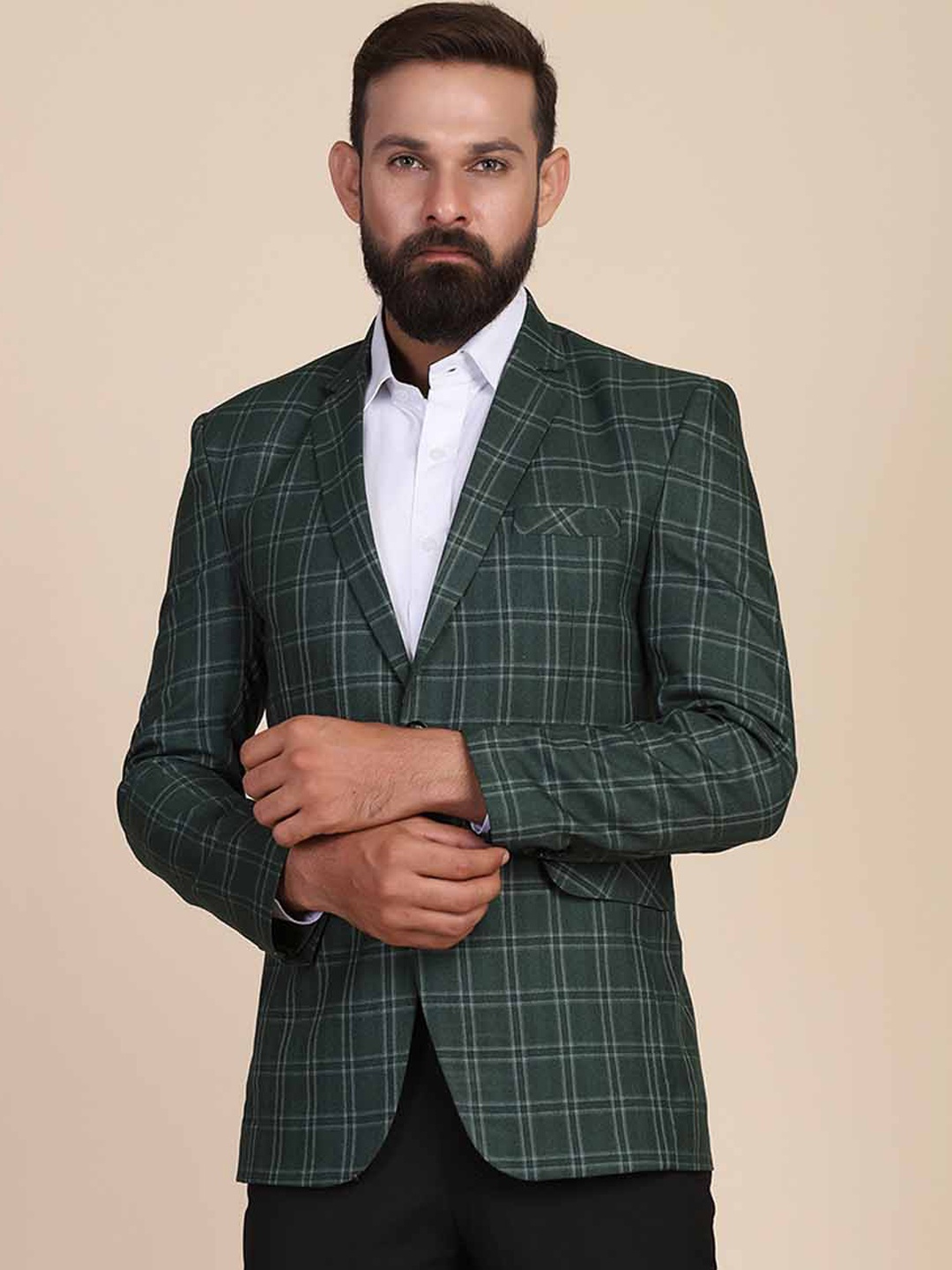 

TAHVO Men Green Checked Slim-Fit Single-Breasted Blazer