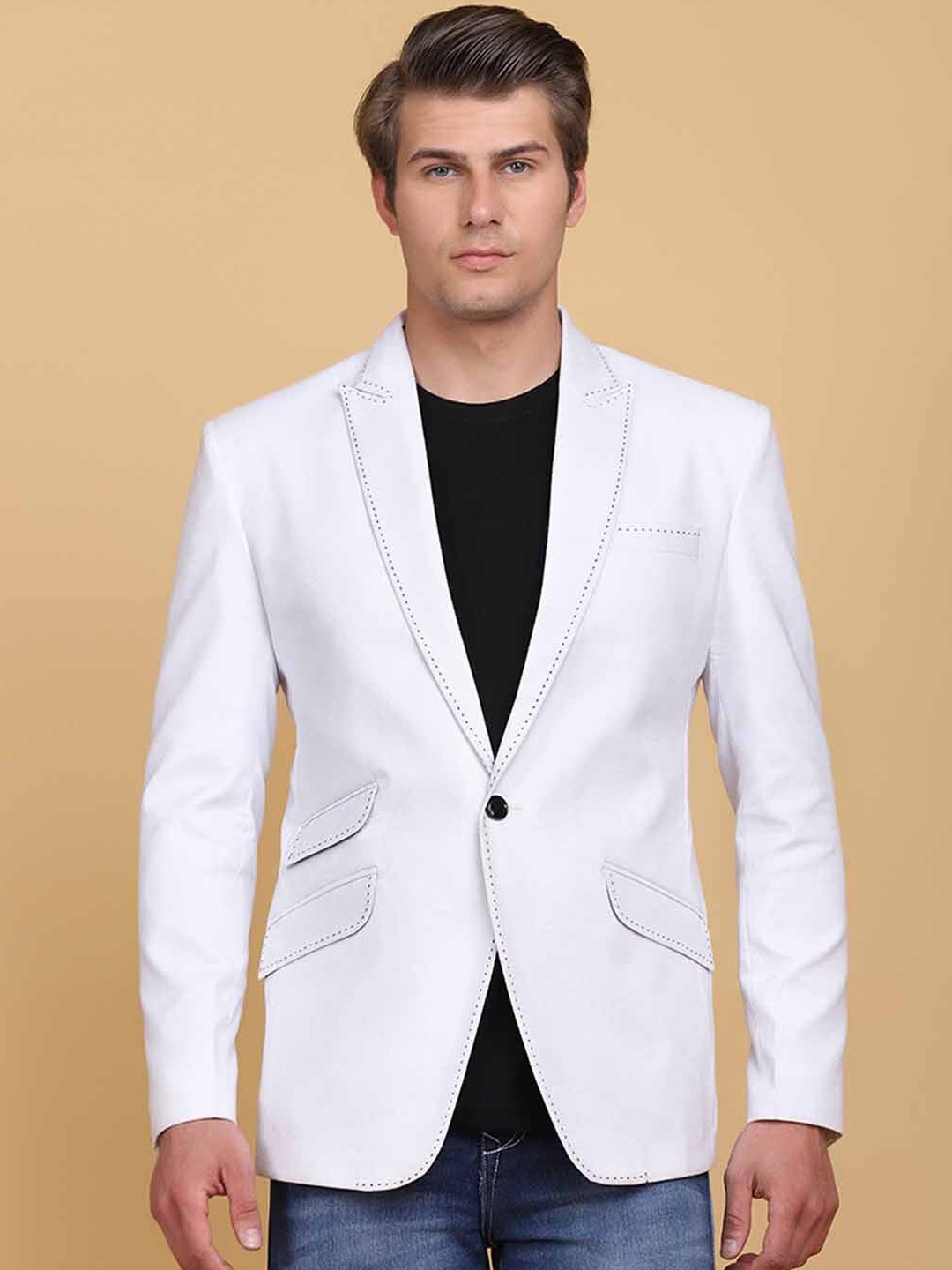 

TAHVO Men White Solid Single Breasted Linen Blazers