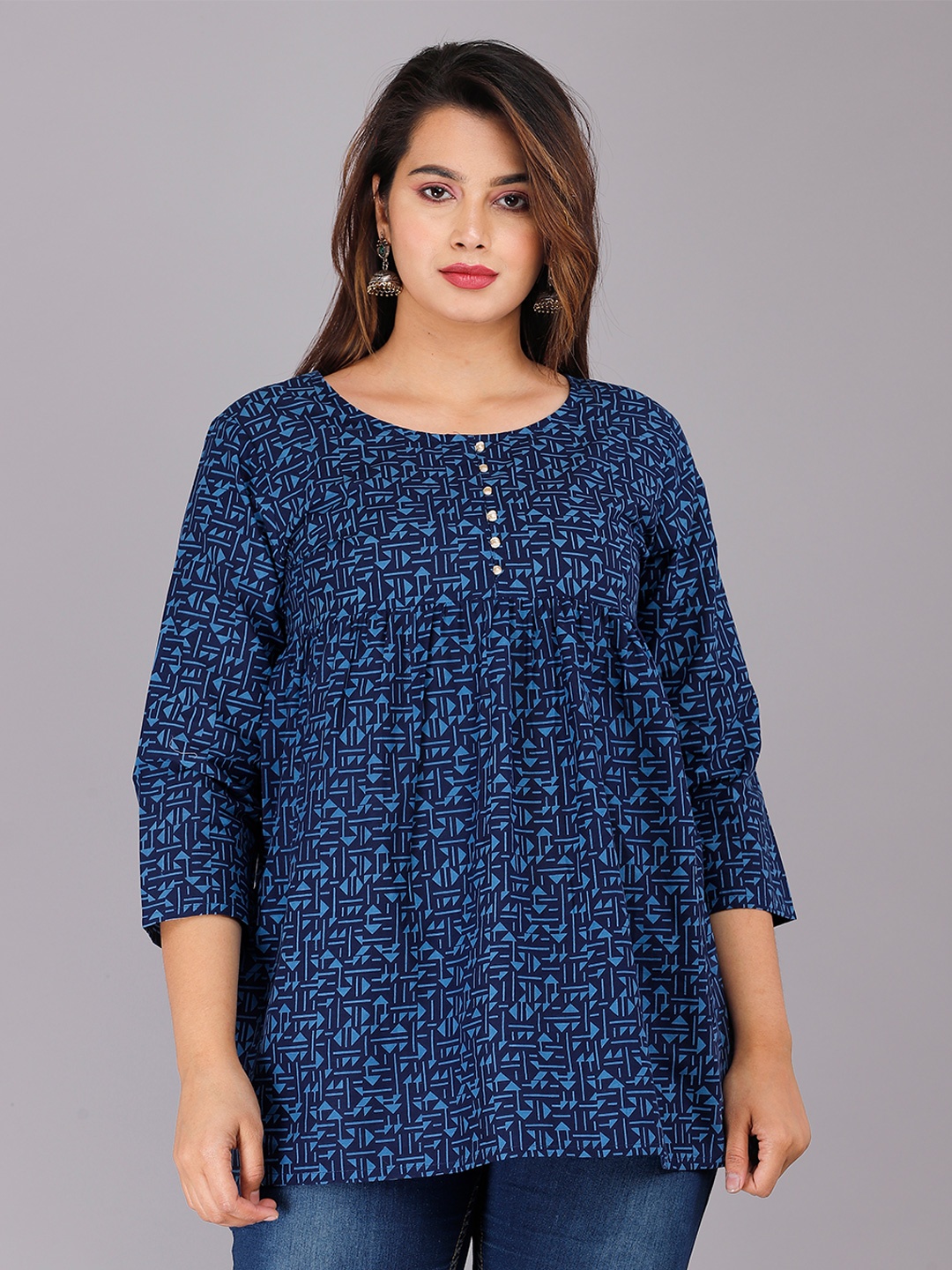 

DORIYA Women Printed Blue Geometric Cotton Blend Top