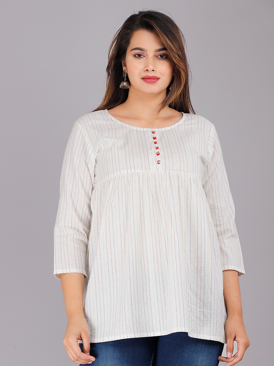 

DORIYA White Striped Cotton Top