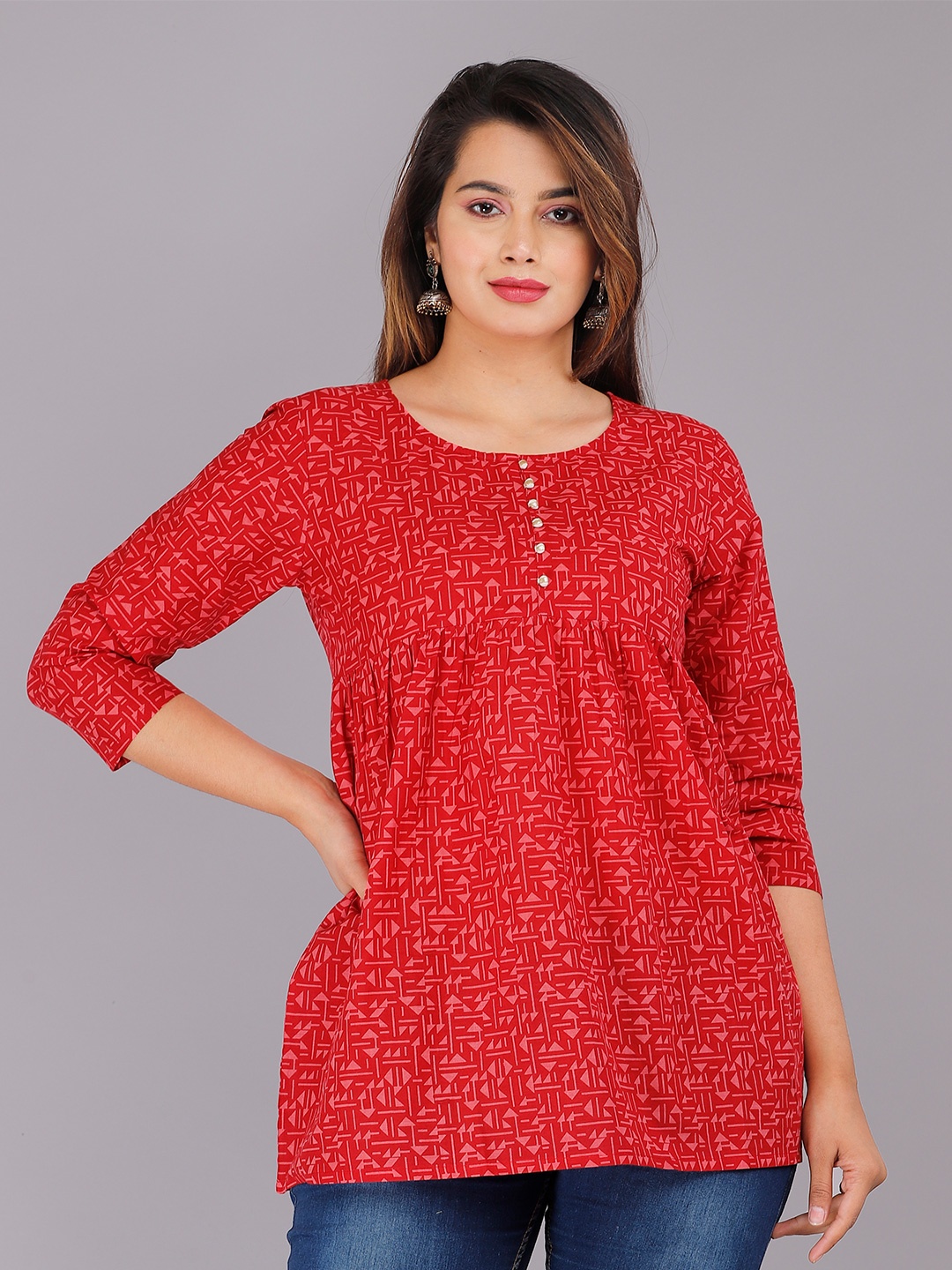 

DORIYA Women Red Geometric Print Top