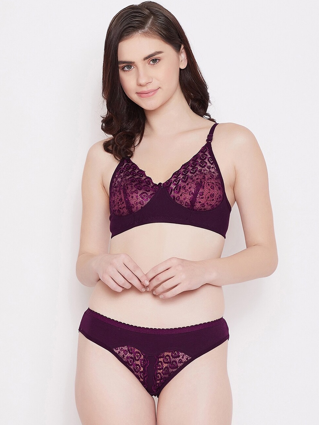 ALIZA Women Purple Solid Lace Bikini Lingerie Set