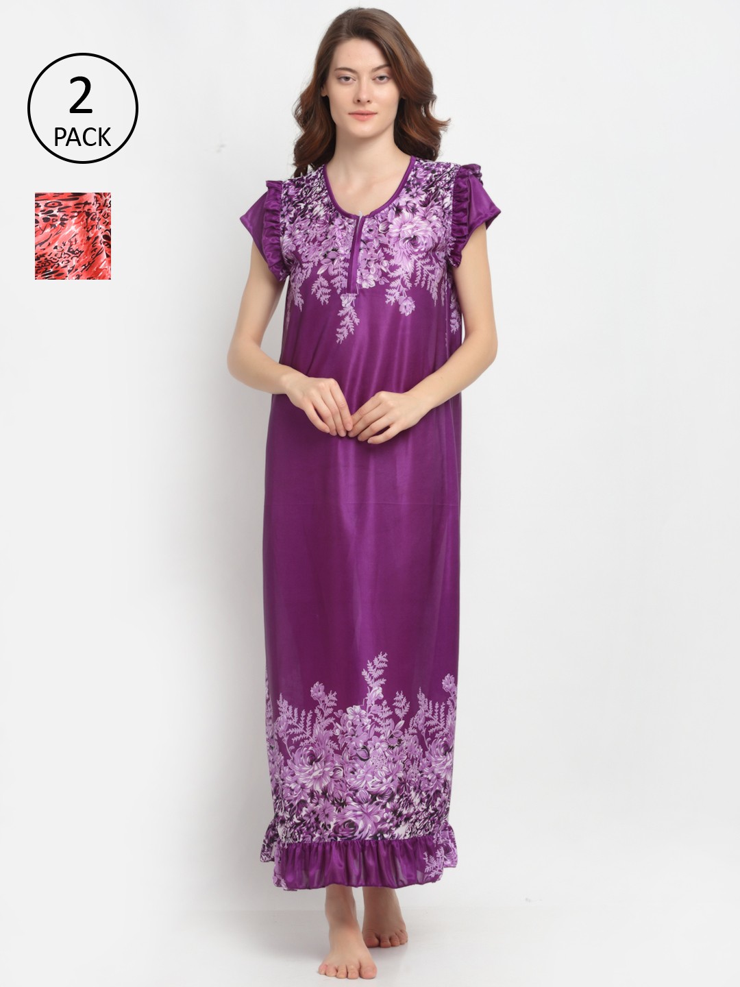 

NEUDIS Purple & Red Set Of 2 Printed Satin Nightdress