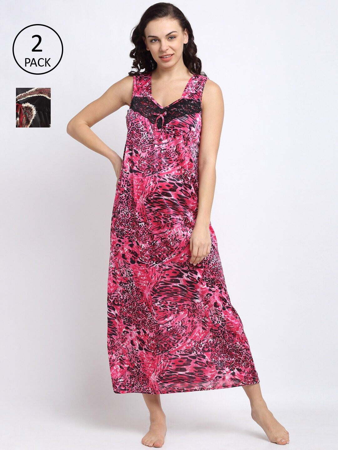 

NEUDIS Set Of 2 Black & Pink Printed Nightdress