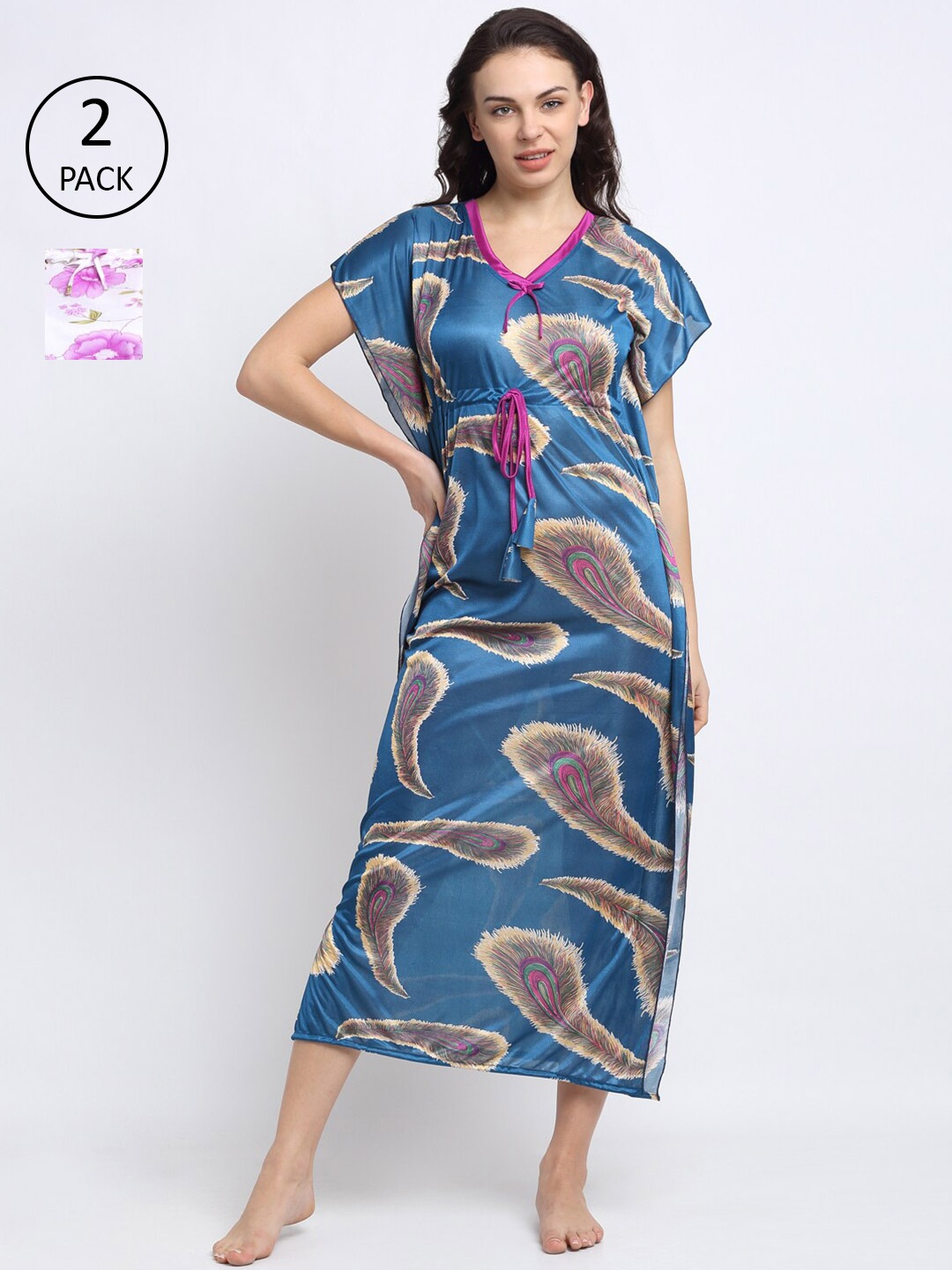 

NEUDIS Women Set of 2 Blue And White Printed Nightdress