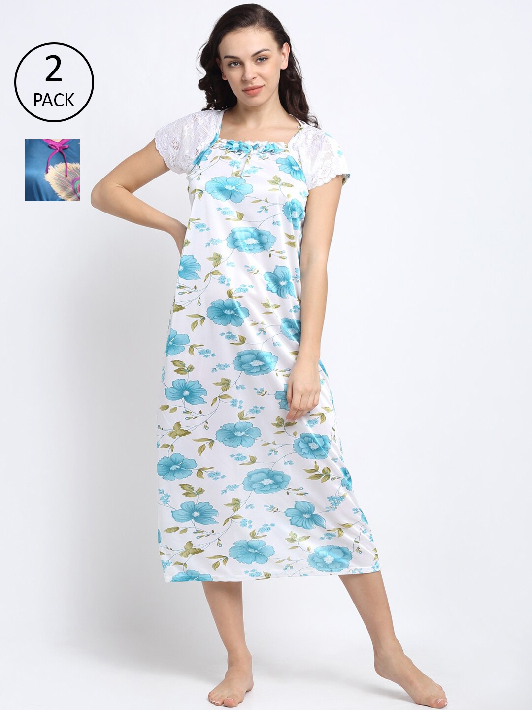 

NEUDIS Pack Of 2 Women Blue & White Printed Nightdress
