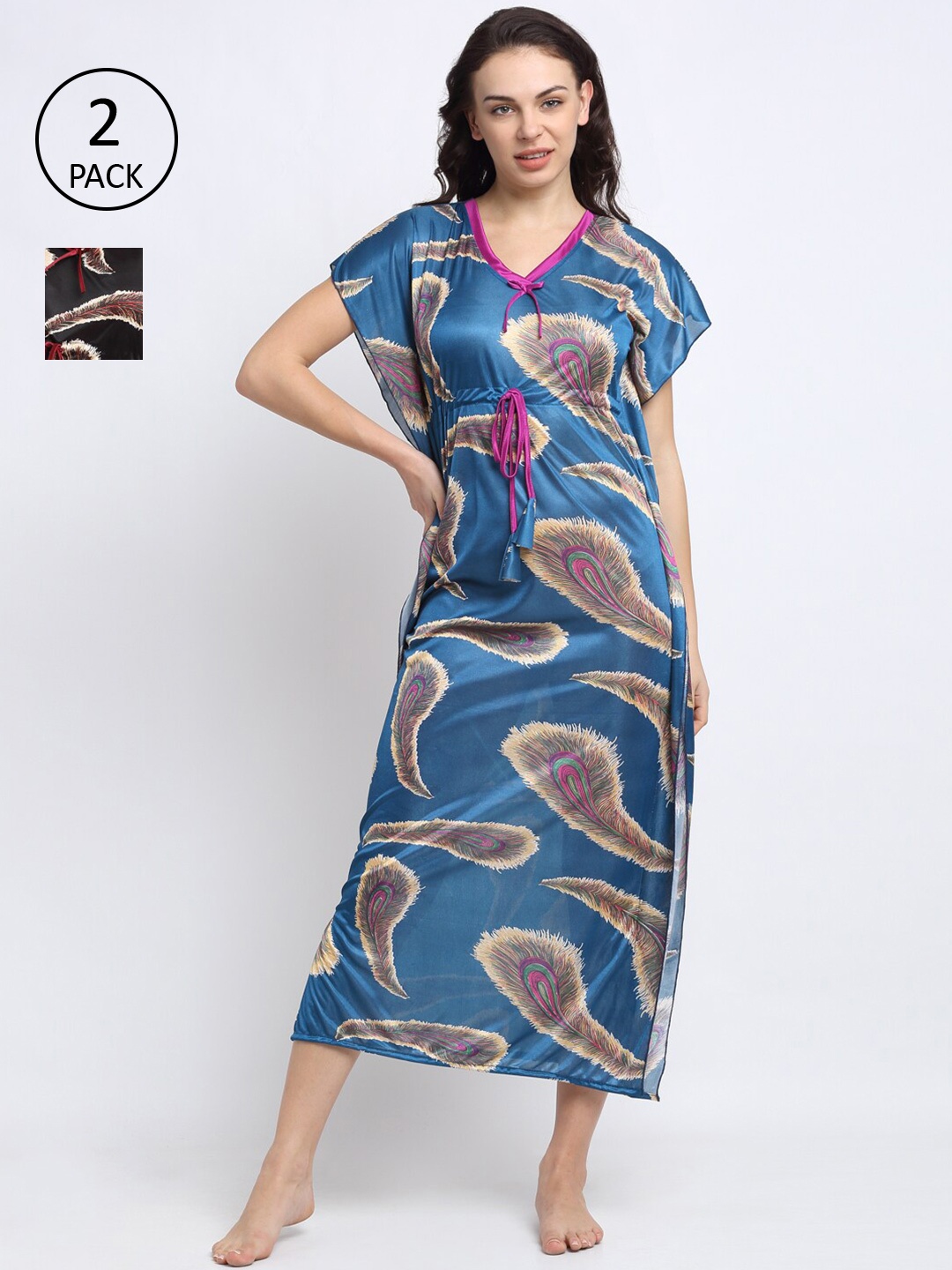 

NEUDIS Blue & Brown Set of 2 Printed Satin Blend Night Dress