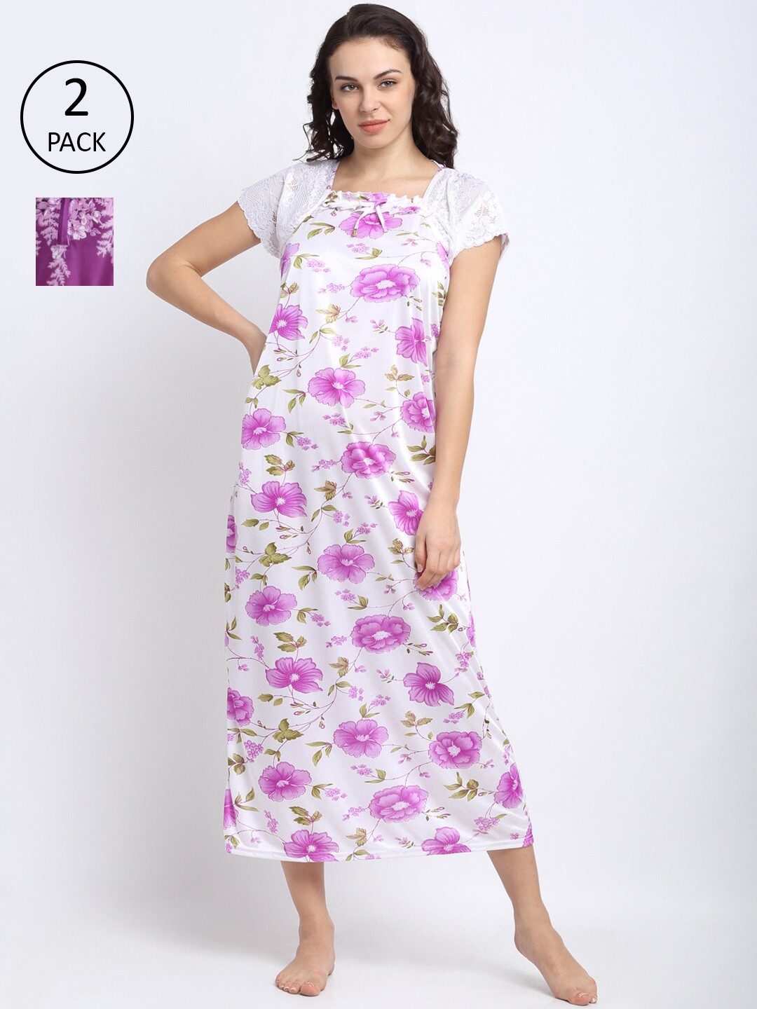 

NEUDIS Women White Pack Of 2 Floral Printed Maxi Nightdress