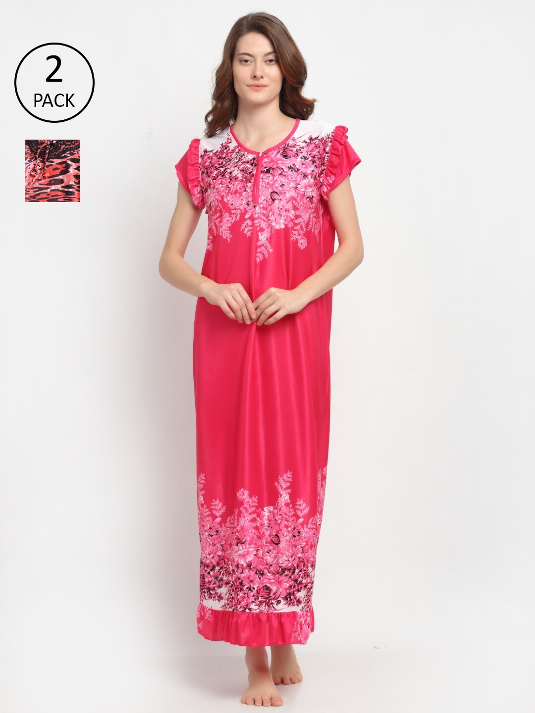 

NEUDIS Women Set of 2 Red & Pink Printed Nightdress