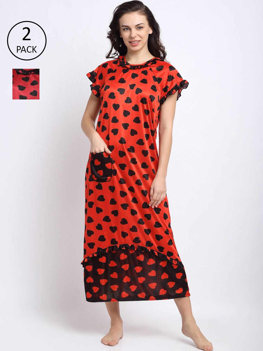 

NEUDIS Women Set of 2 Orange & Red Printed Nightdress