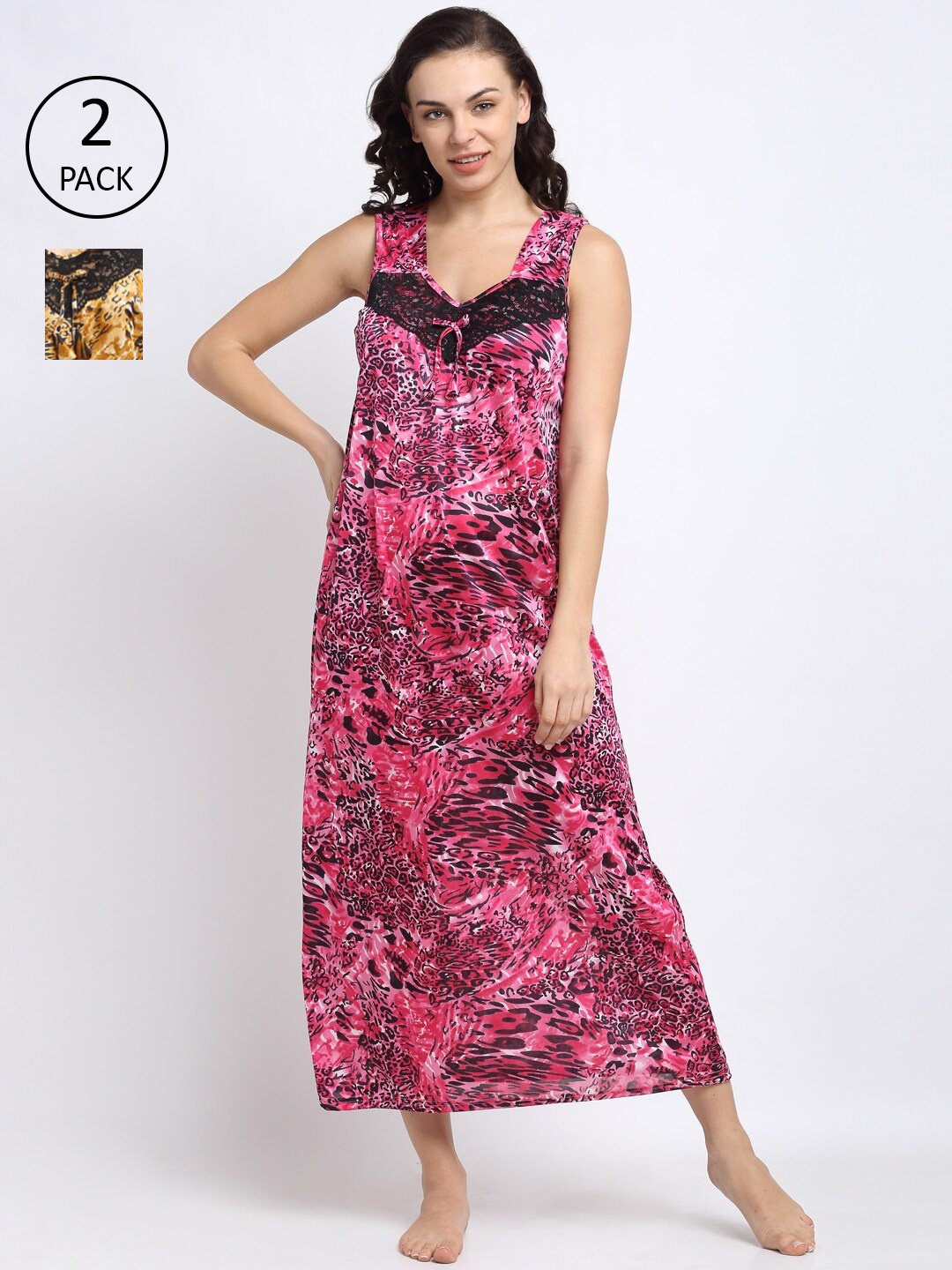 

NEUDIS Pink and Yellow Pack Of 2 Printed Maxi Nightdress