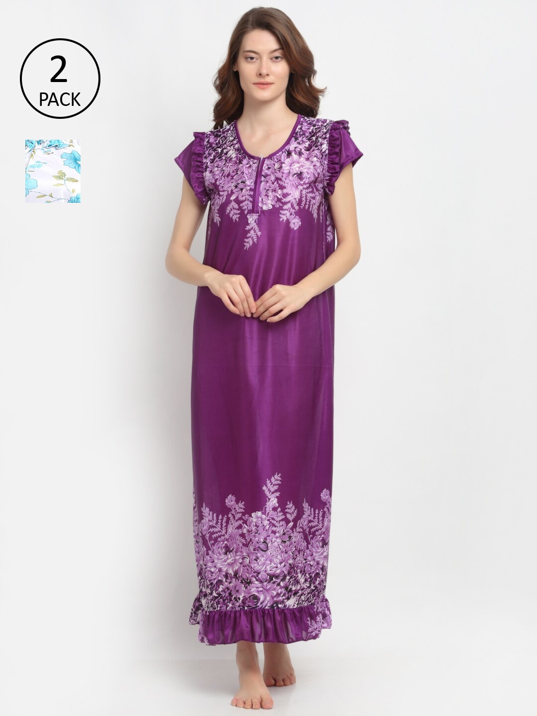 

NEUDIS Pack of 2 Purple & White Printed Maxi Nightdress