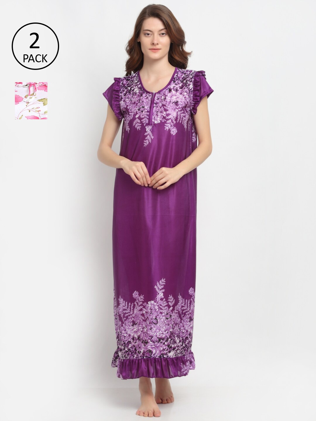

NEUDIS Pack of 2 Purple & Pink Printed Maxi Nightdress