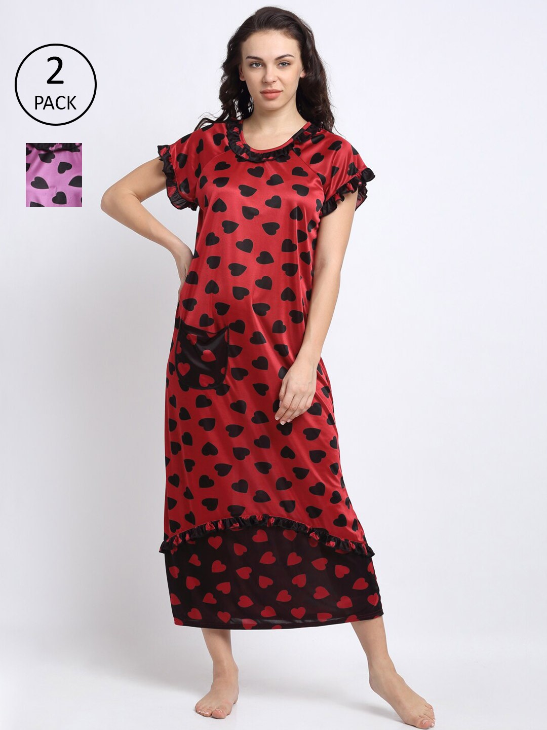 

NEUDIS Women Pack Of 2 Red & Purple Printed Maxi Nightdress-N21WNT2