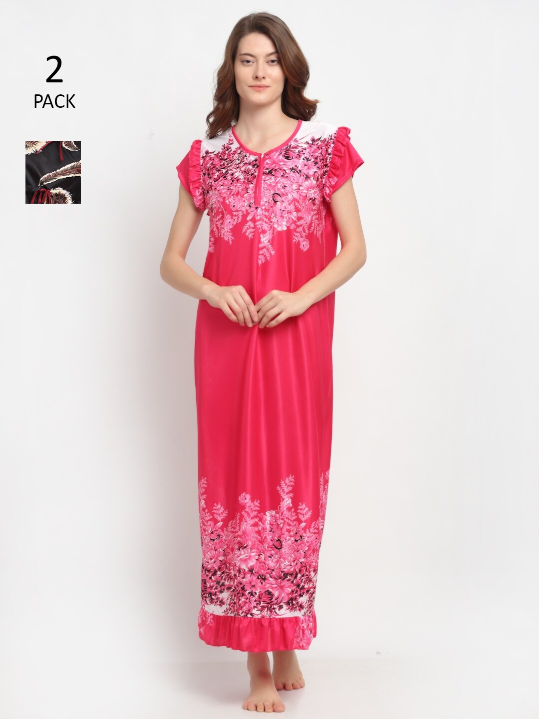

NEUDIS Women Set of 2 Satin Blend Black & Red Printed Nightdress
