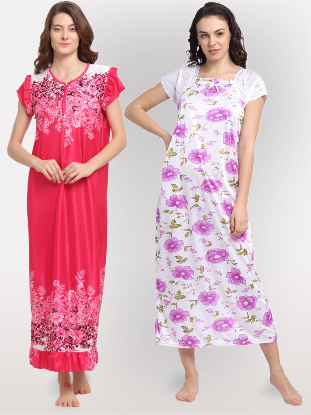 

NEUDIS Women Set of 2 Pink Printed Maxi Nightdress
