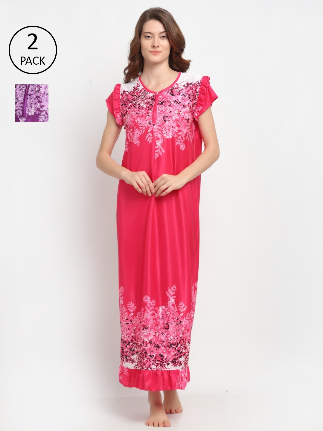 

NEUDIS Women Pack of 2 Pink and Violet Floral Printed Maxi Nightdress