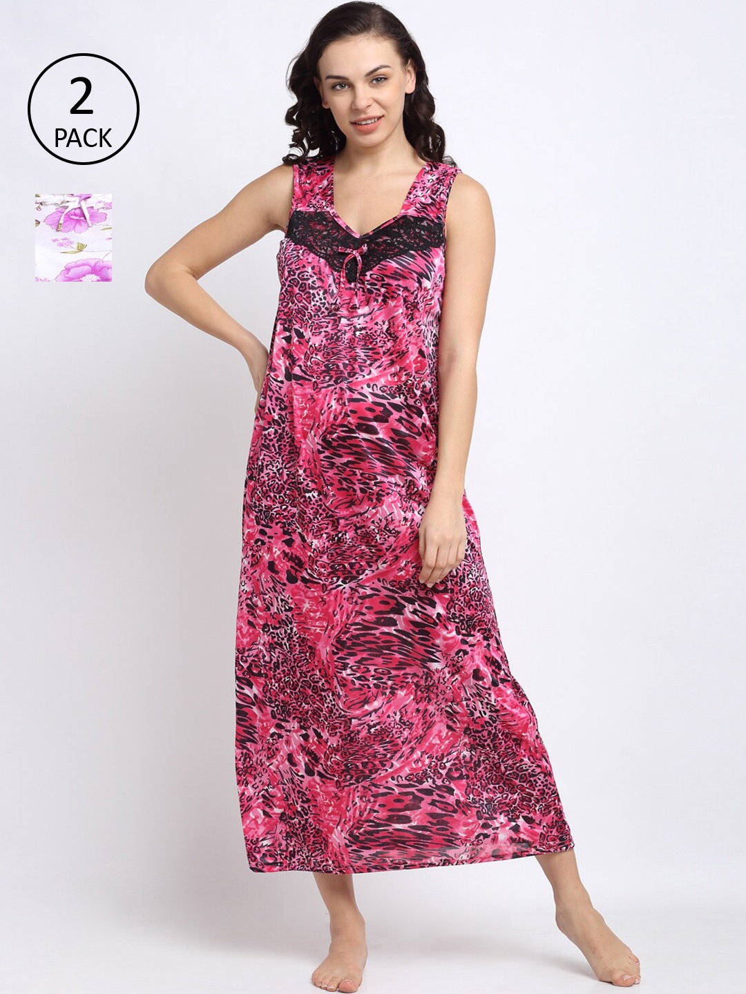 

NEUDIS Pack of 2 Women White Printed Maxi Nightdress