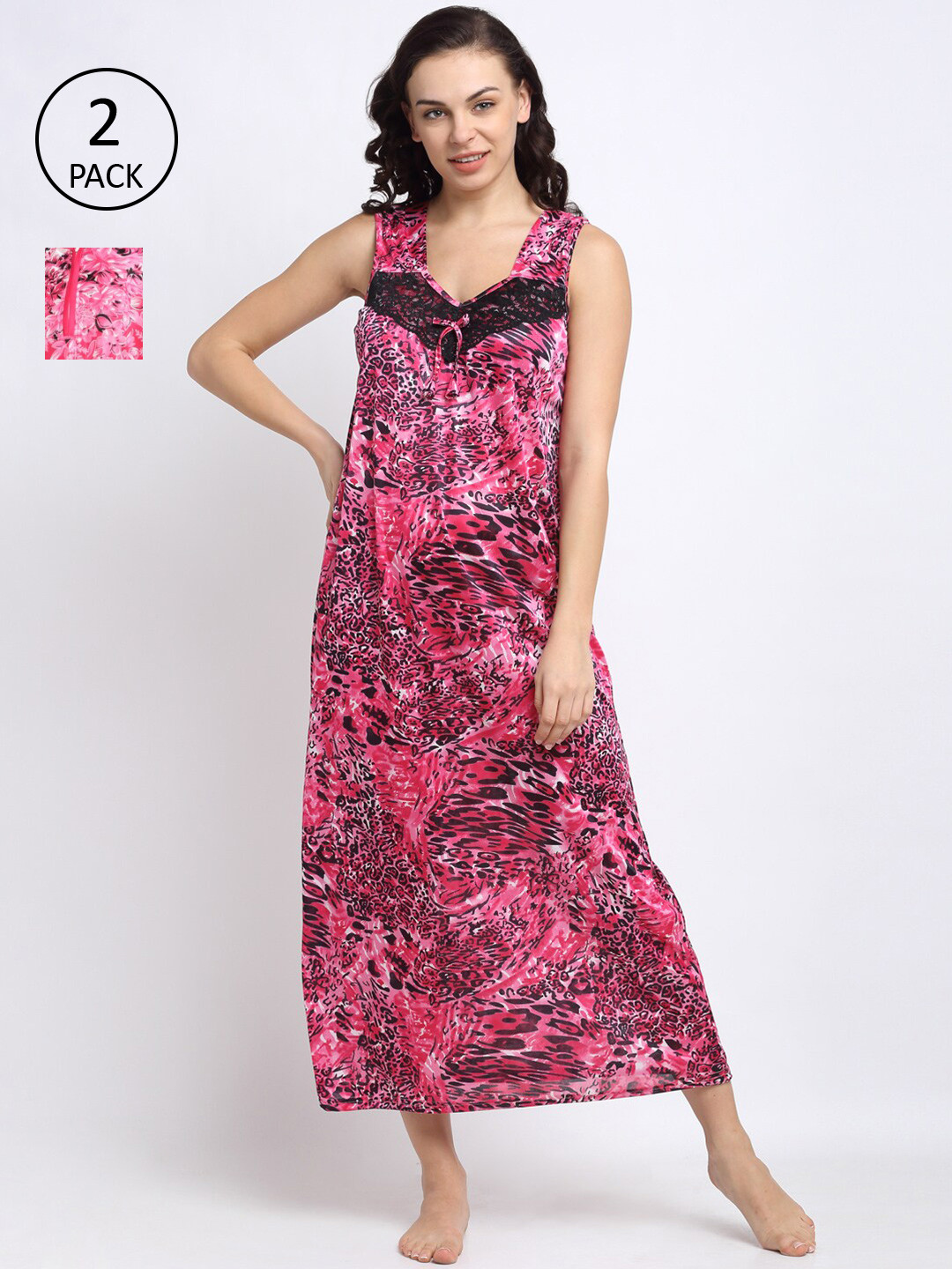 

NEUDIS Pack of 2 Red Printed Maxi Nightdress