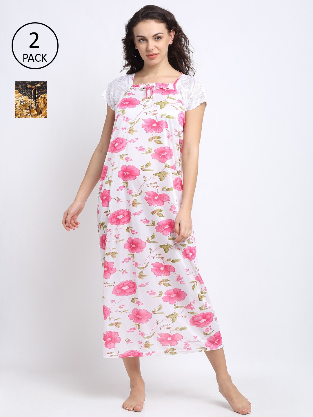 

NEUDIS Women White & Brown Set Of 2 Printed Nightdress