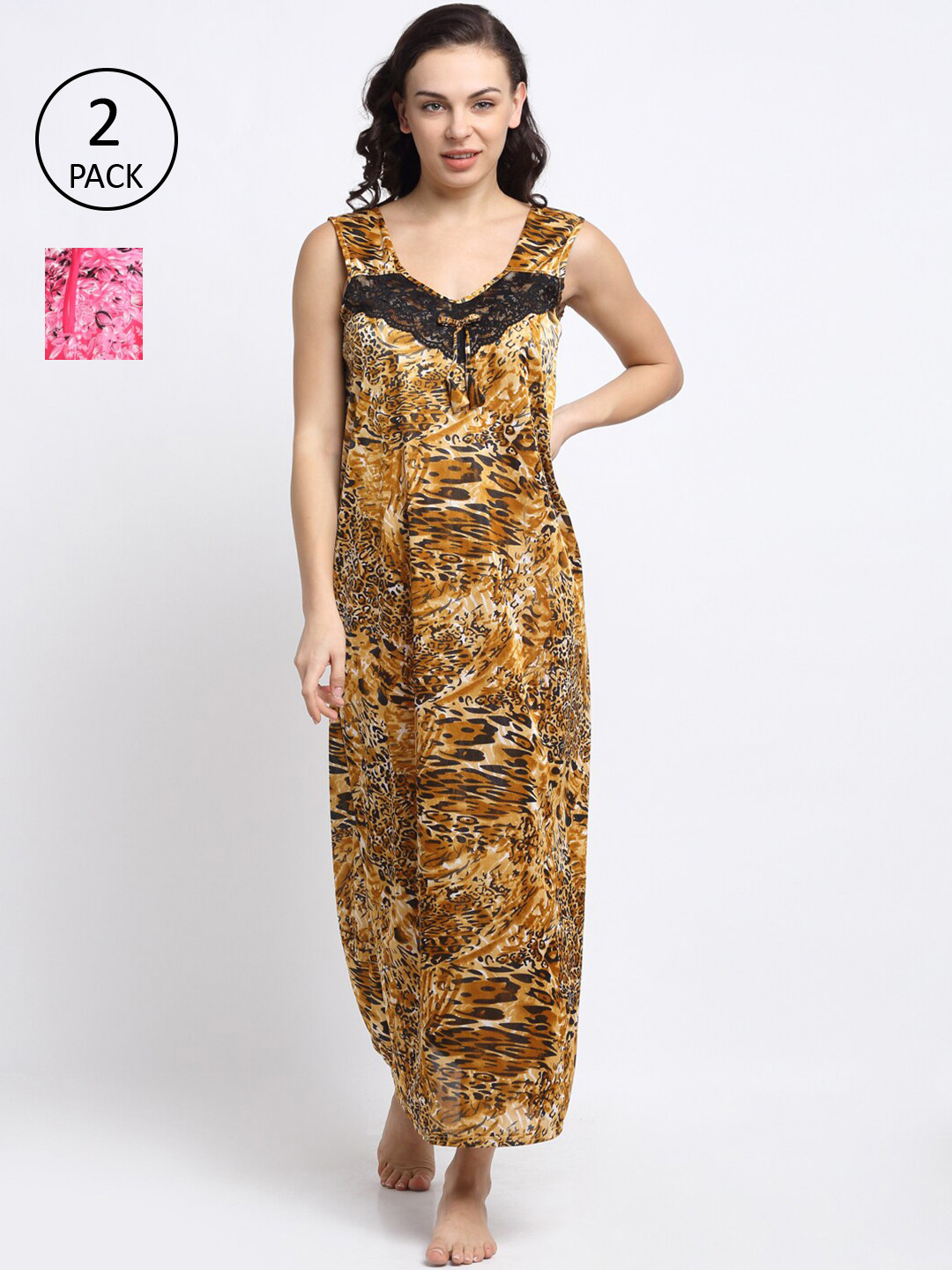

NEUDIS Women Pack of 2 Pink & Brown Printed Nightdress