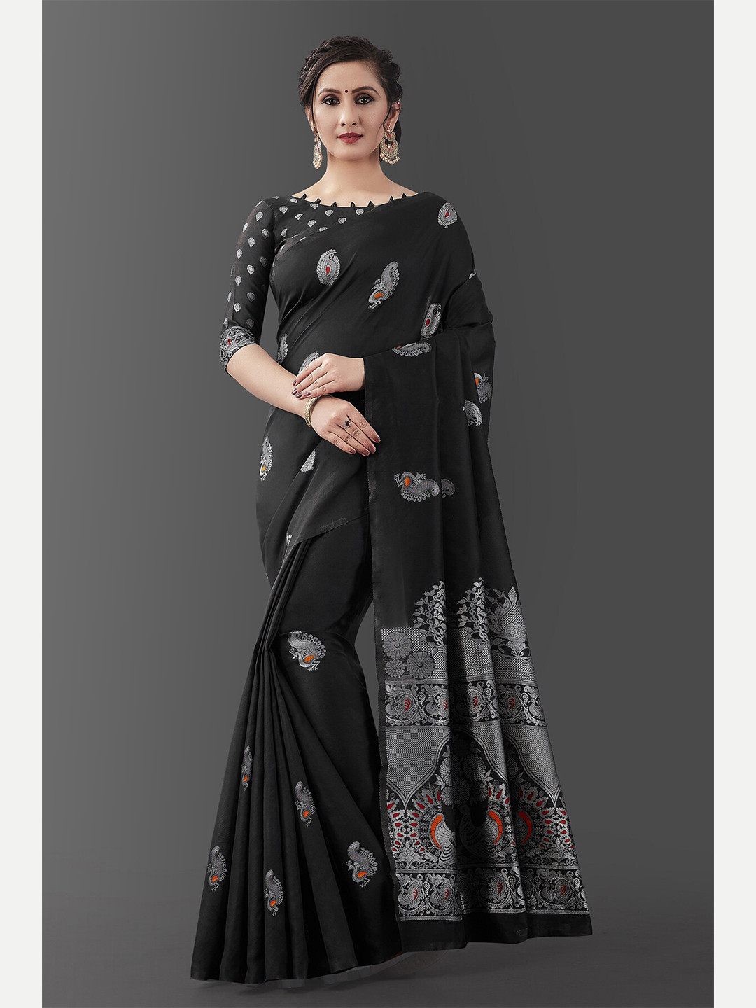 

Wuxi Black & Silver-Toned Ethnic Motifs Zari Pure Silk Banarasi Saree