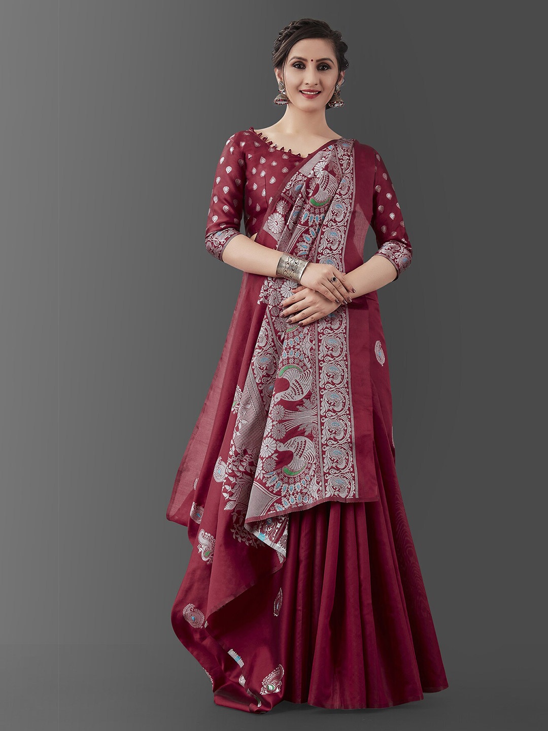 

Wuxi Maroon & Silver-Toned Woven Design Zari Pure Silk Banarasi Saree