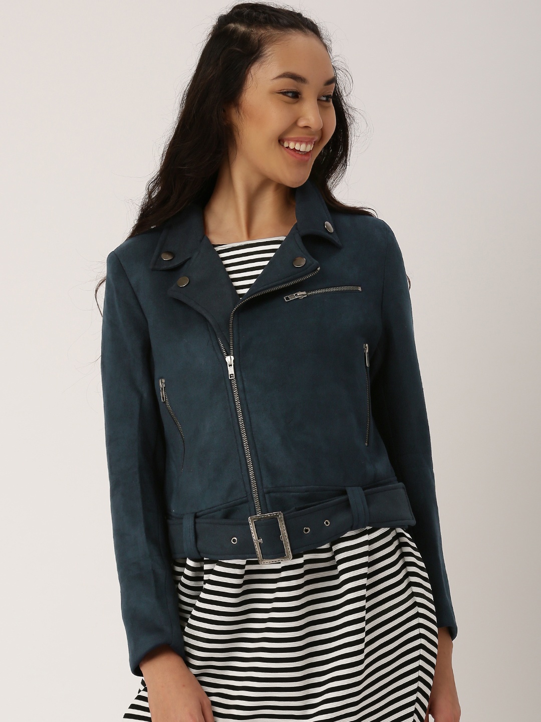 

DressBerry Women Navy Blue Solid Biker Jacket