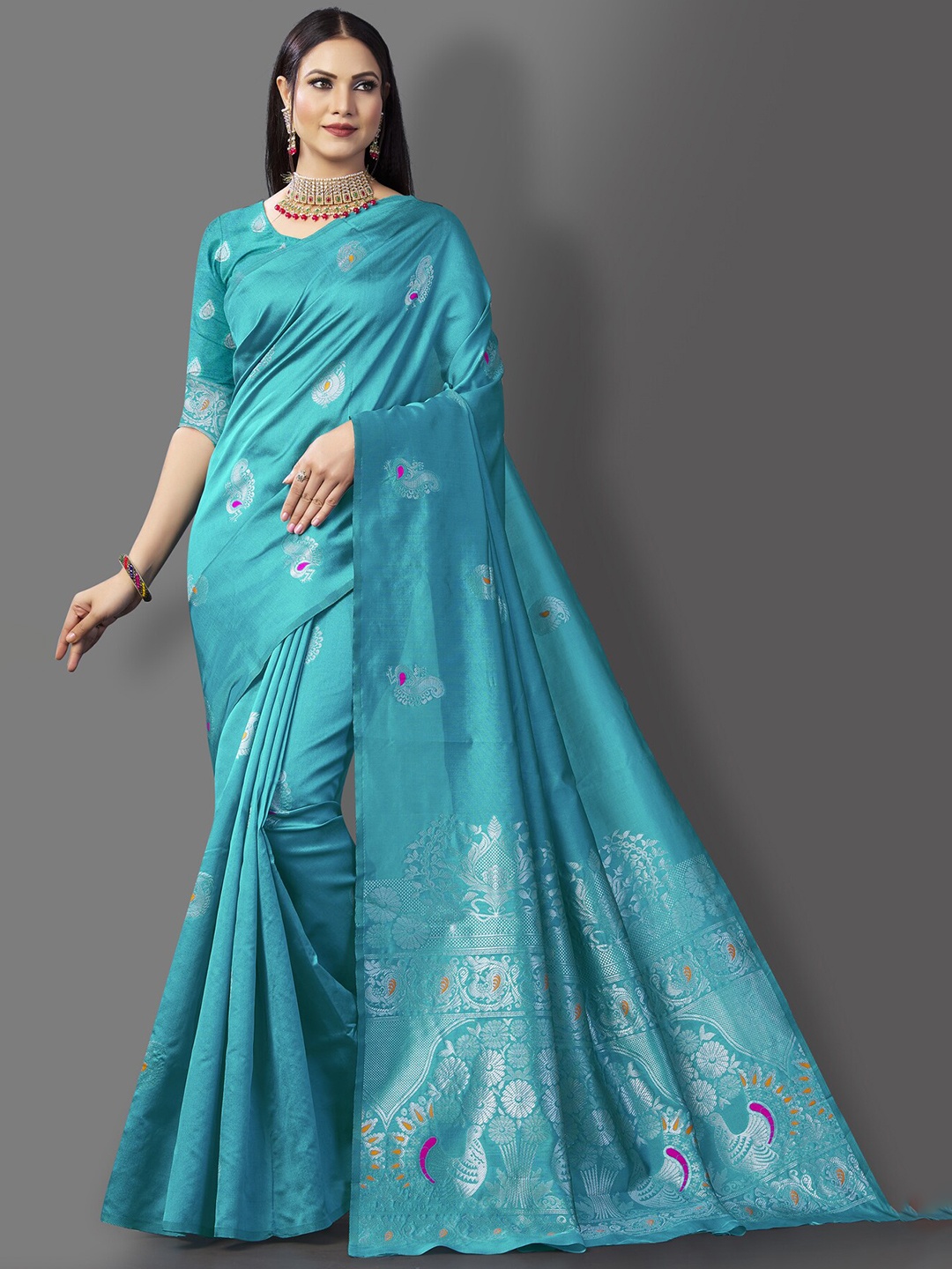 

Wuxi Teal & Gold-Toned Ethnic Motifs Pure Silk Banarasi Saree