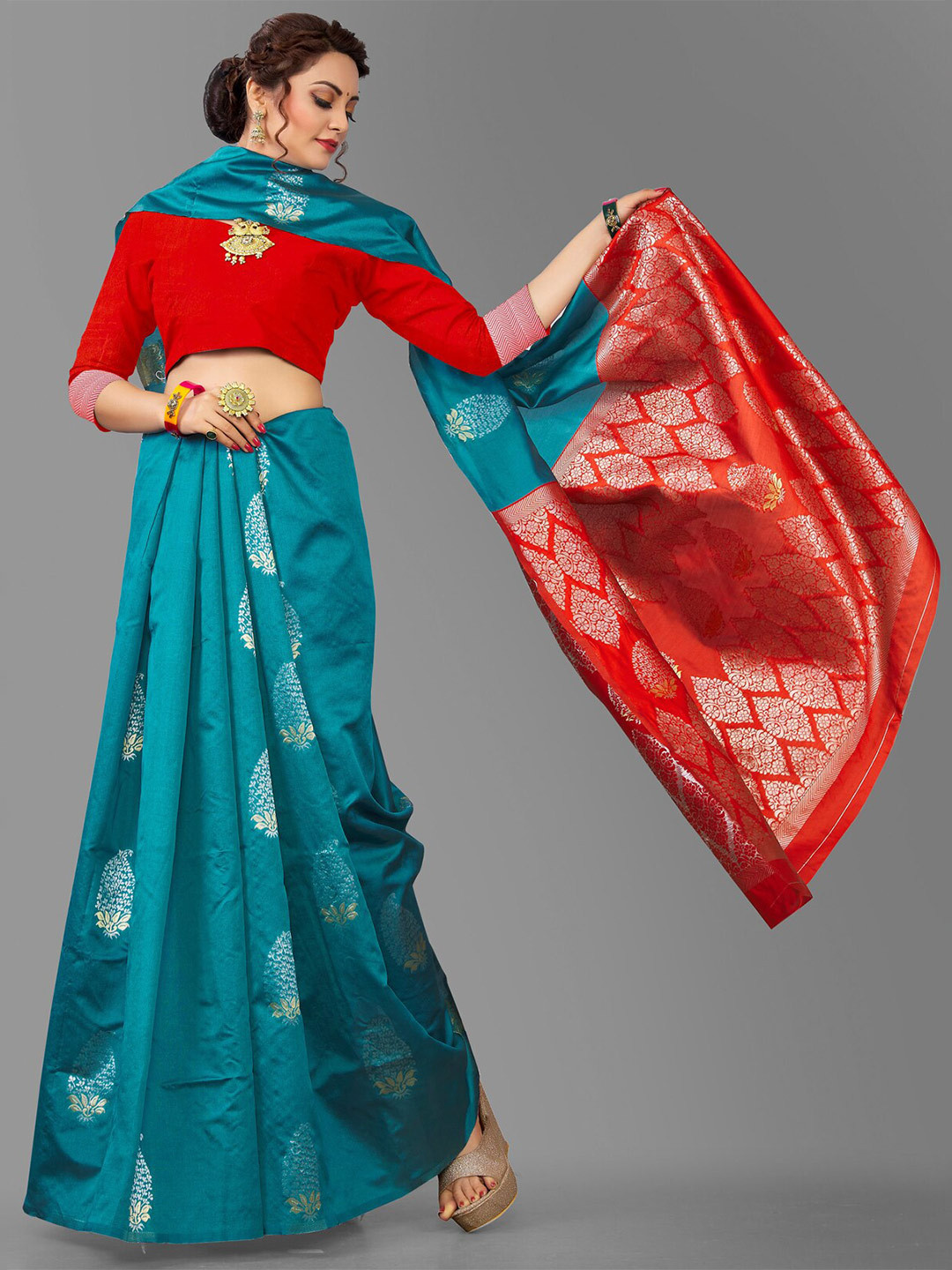

Wuxi Teal & Red Woven Design Zari Pure Silk Banarasi Saree