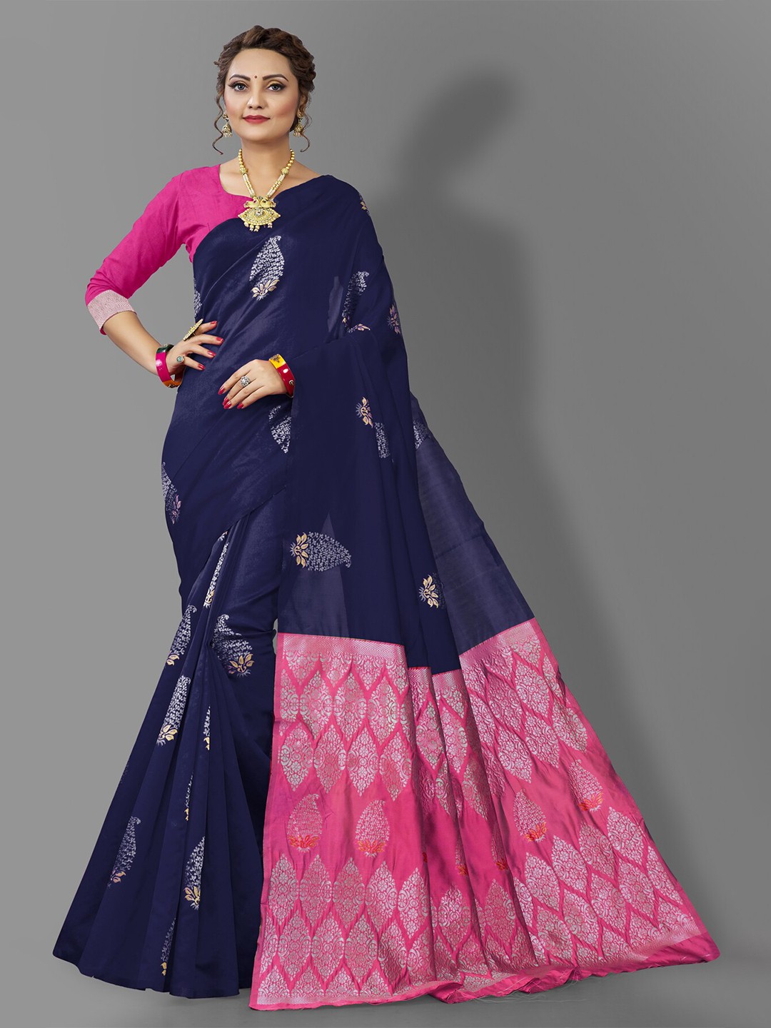 

Wuxi Navy Blue & Pink Woven Design Zari Pure Silk Banarasi Saree