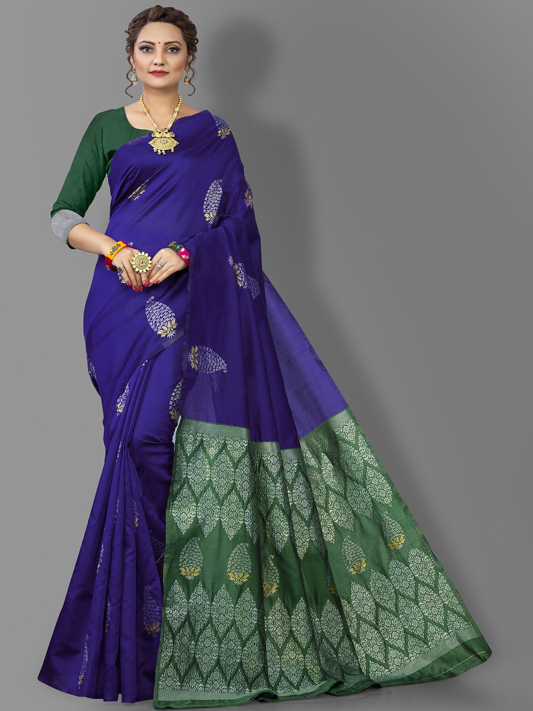 

Wuxi Women Blue & Green Woven Design Pure Silk Banarasi Saree