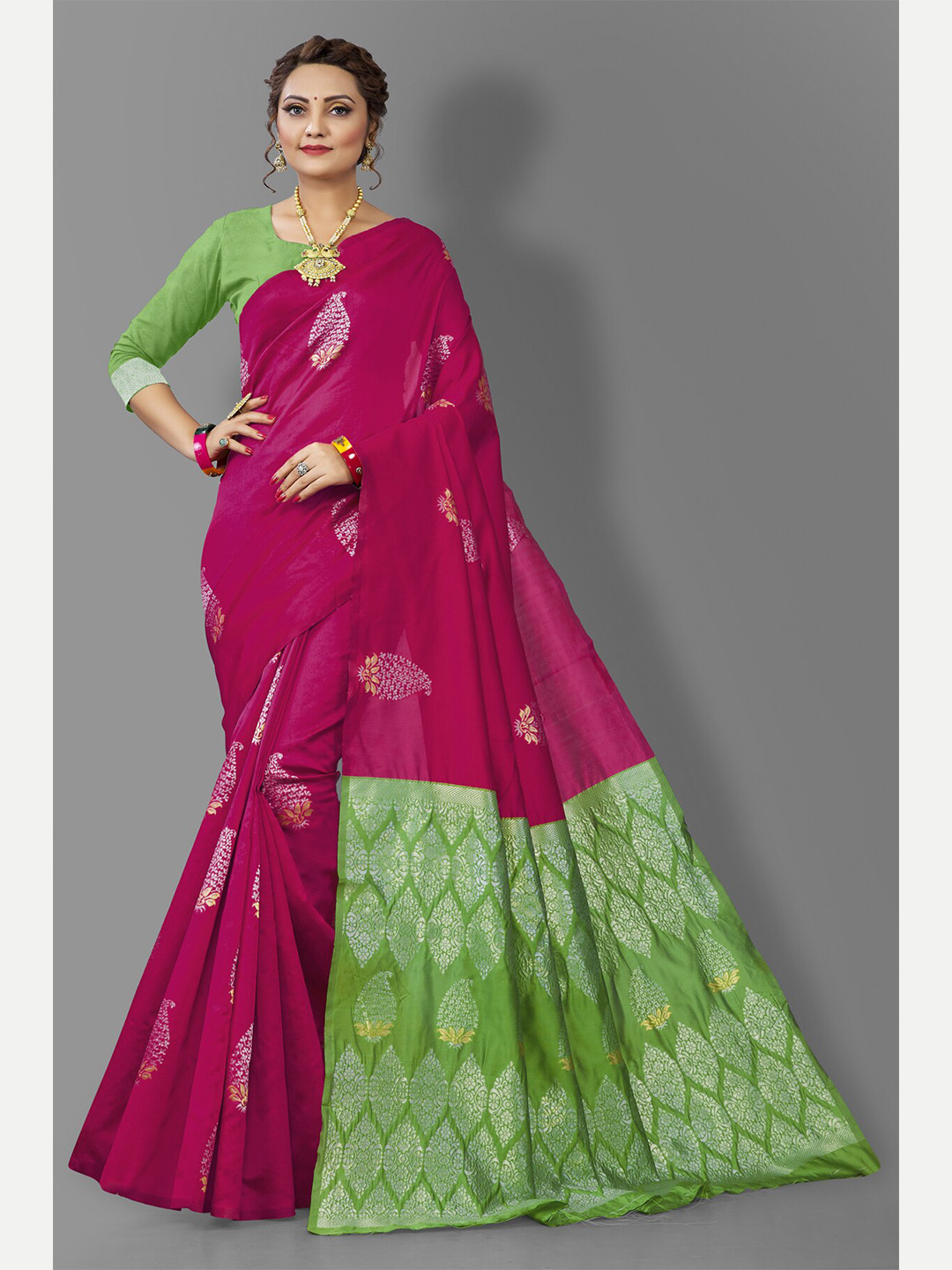 

Wuxi Pink & Green Woven Design Pure Silk Banarasi Saree